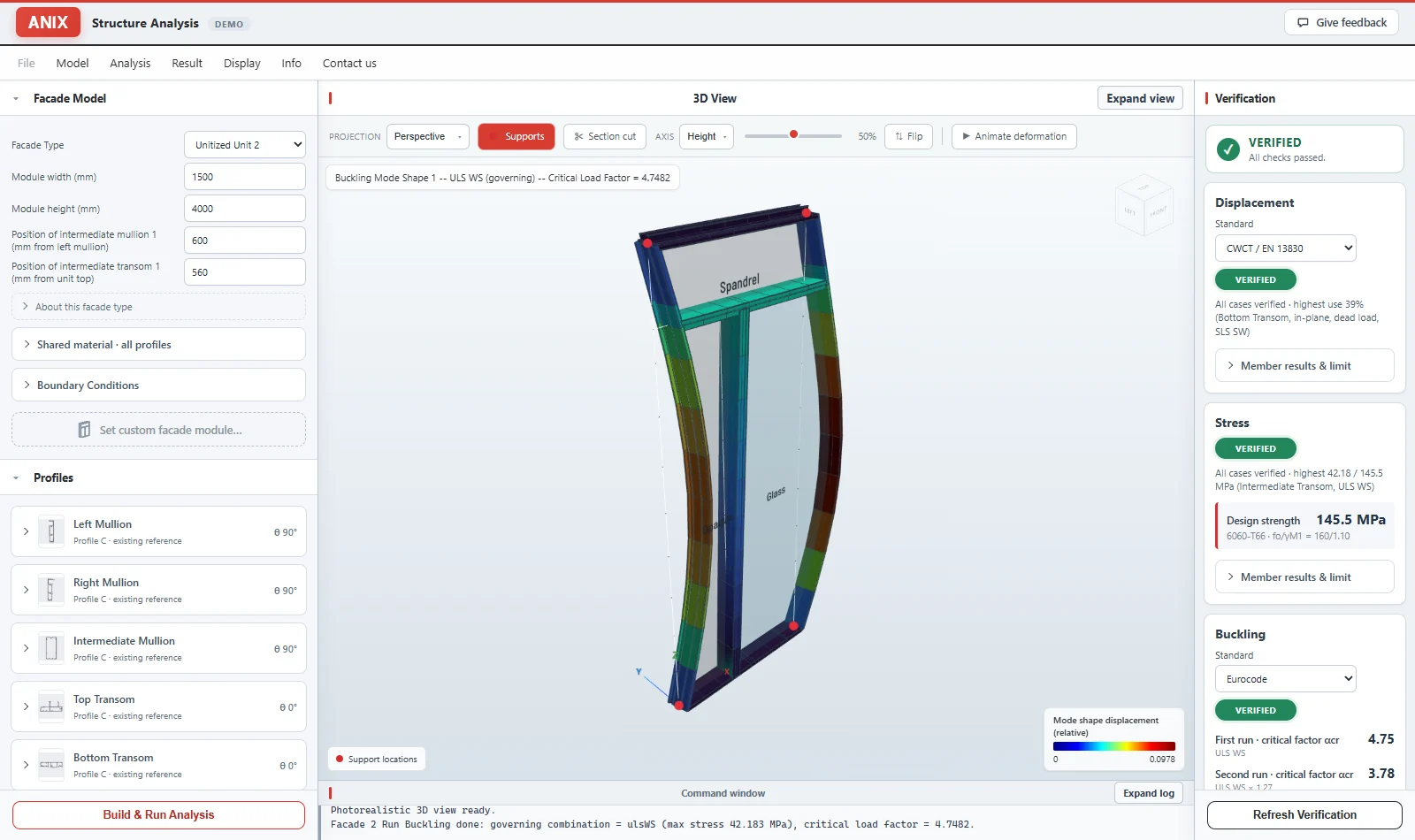 ANIX software: facade model inputs on the left, 3D deformed shape in the centre, verification results on the right