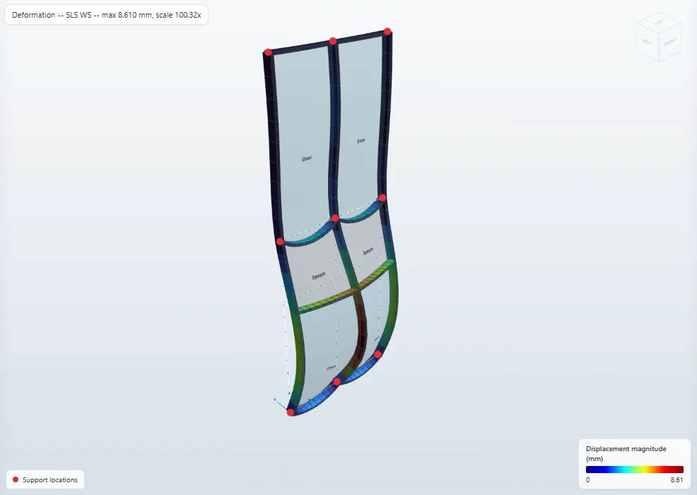 Two-bay stick system deformed under wind